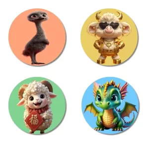 Emu, Sheep, Ram, And Dragon. Fridge Magnets – 4 Piece Set | 3 Inch Round Wall Fridge Decor (F23020) Emu, Sheep, Ram, And Dragon. Fridge Magnets – 4 Piece Set | 3 Inch Round Wall Fridge Decor (F23020)