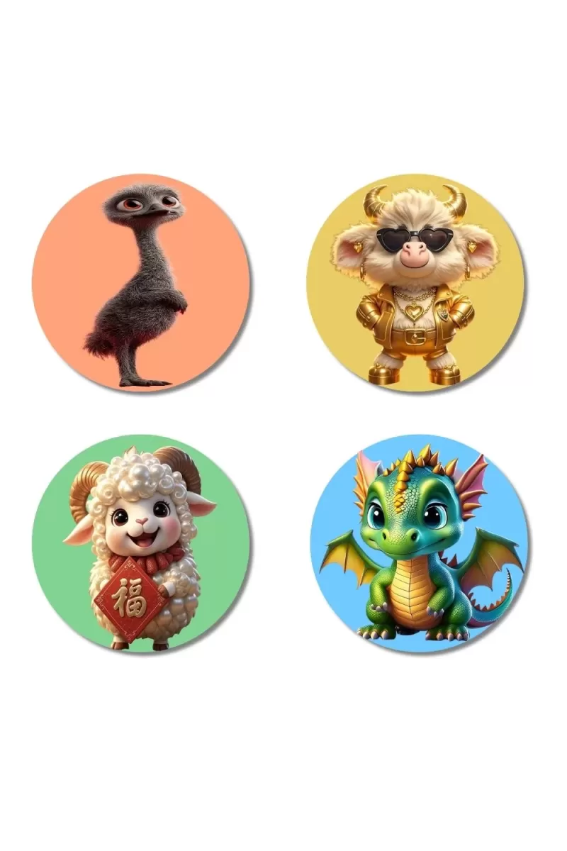 Emu, Sheep, Ram, And Dragon. Fridge Magnets Ã¢â‚¬â€œ 4 Piece Set | 3 Inch Round Wall Fridge Decor (F23020)