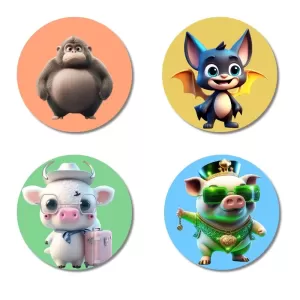 Gorilla, Bat, Pig, And Pig. Fridge Magnets Ã¢â‚¬â€œ 4 Piece Set | 3 Inch Round Wall Fridge Decor (F23021)
