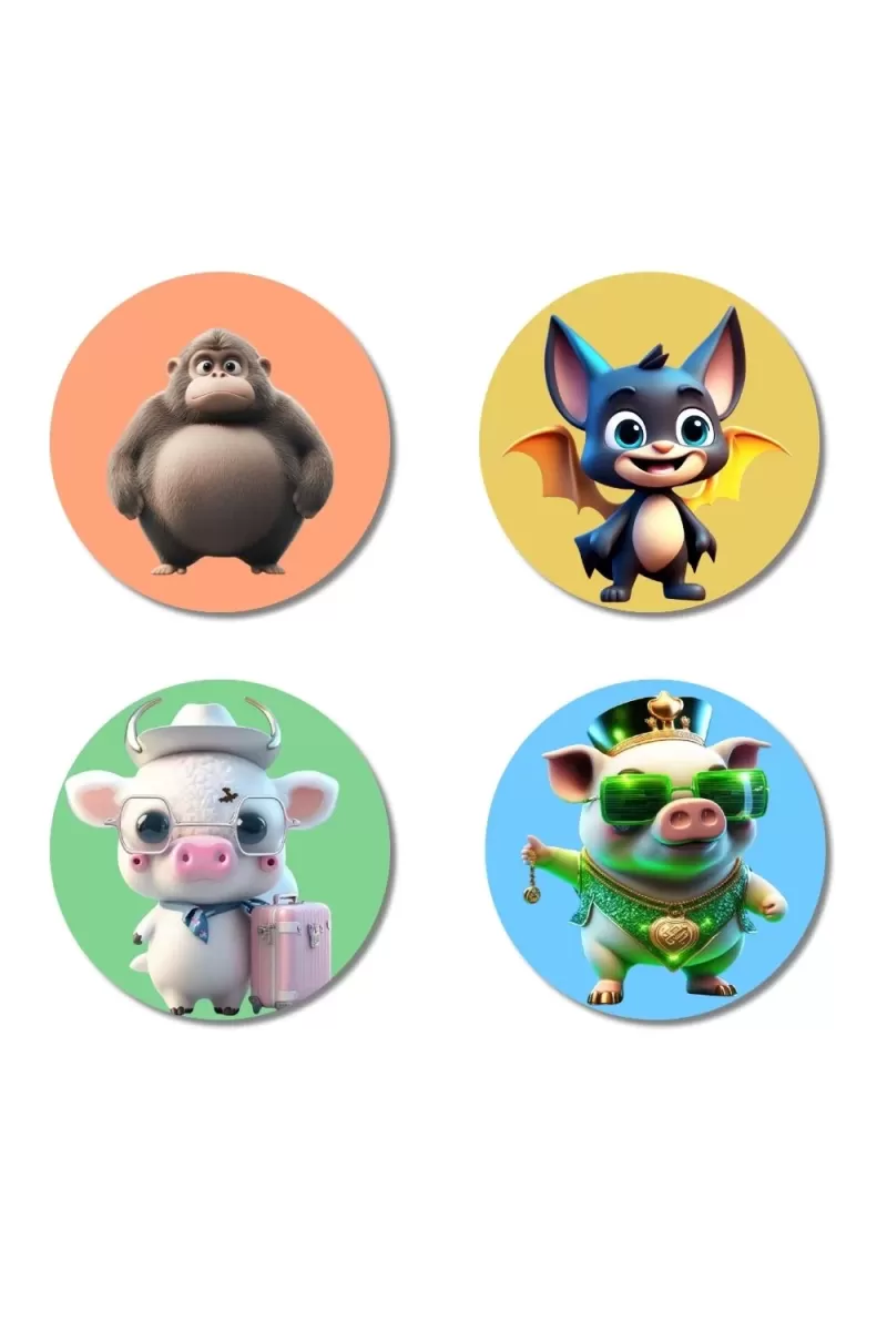 Gorilla, Bat, Pig, And Pig. Fridge Magnets Ã¢â‚¬â€œ 4 Piece Set | 3 Inch Round Wall Fridge Decor (F23021)