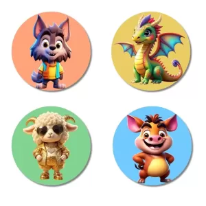 Wolf, Dragon, Sheep, And Pig. Fridge Magnets – 4 Piece Set | 3 Inch Round Wall Fridge Decor (F23022) Wolf, Dragon, Sheep, And Pig. Fridge Magnets – 4 Piece Set | 3 Inch Round Wall Fridge Decor (F23022)