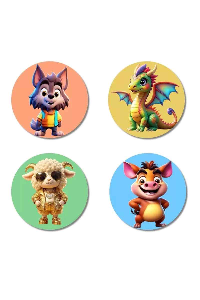 Wolf, Dragon, Sheep, And Pig. Fridge Magnets Ã¢â‚¬â€œ 4 Piece Set | 3 Inch Round Wall Fridge Decor (F23022)