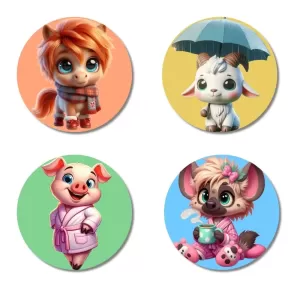 Horse, Goat, Pig, And Hyena. Fridge Magnets Ã¢â‚¬â€œ 4 Piece Set | 3 Inch Round Wall Fridge Decor (F23023)