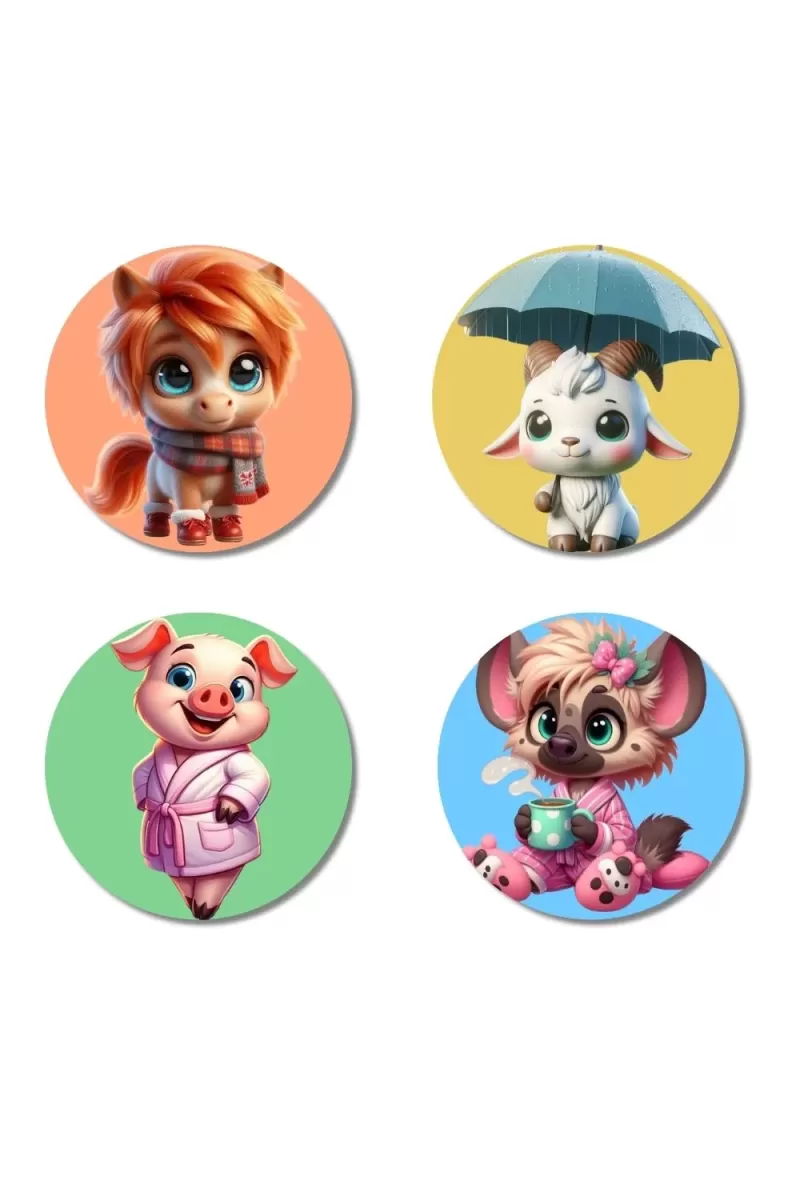 Horse, Goat, Pig, And Hyena. Fridge Magnets Ã¢â‚¬â€œ 4 Piece Set | 3 Inch Round Wall Fridge Decor (F23023)