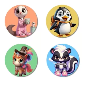 Possum, Penguin, Pony, And Skunk. Fridge Magnets Ã¢â‚¬â€œ 4 Piece Set | 3 Inch Round Wall Fridge Decor (F23024)