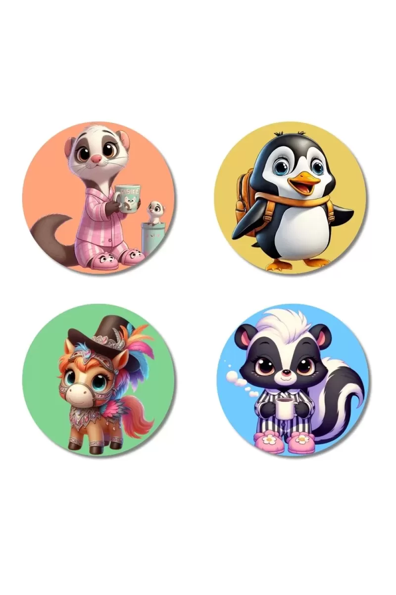 Possum, Penguin, Pony, And Skunk. Fridge Magnets Ã¢â‚¬â€œ 4 Piece Set | 3 Inch Round Wall Fridge Decor (F23024)