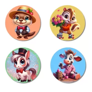 Beaver, Chipmunk, Pony, And Cow. Fridge Magnets – 4 Piece Set | 3 Inch Round Wall Fridge Decor (F23025) Beaver, Chipmunk, Pony, And Cow. Fridge Magnets – 4 Piece Set | 3 Inch Round Wall Fridge Decor (F23025)