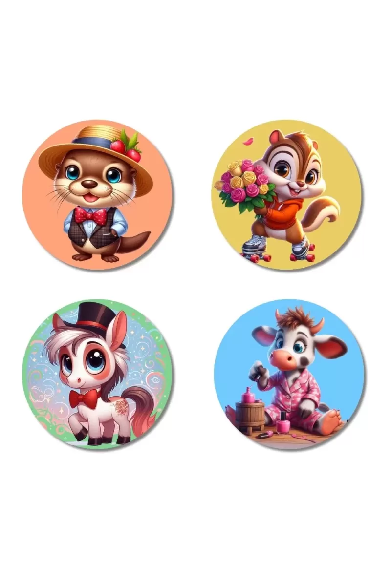 Beaver, Chipmunk, Pony, And Cow. Fridge Magnets Ã¢â‚¬â€œ 4 Piece Set | 3 Inch Round Wall Fridge Decor (F23025)