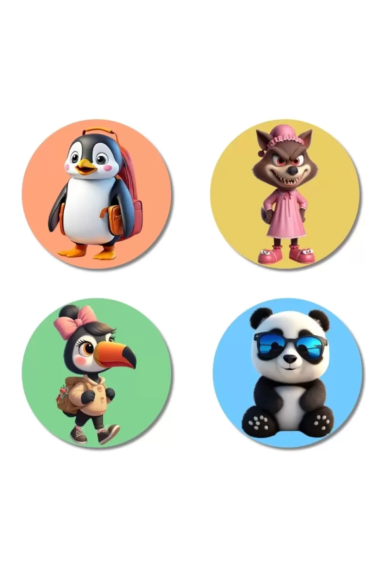 Penguin, Wolf, Toucan, And Panda. Fridge Magnets Ã¢â‚¬â€œ 4 Piece Set | 3 Inch Round Wall Fridge Decor (F23026)