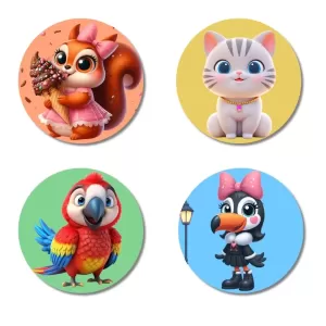 Squirrel, Cat, Parrot, And Toucan. Fridge Magnets – 4 Piece Set | 3 Inch Round Wall Fridge Decor (F23027) Squirrel, Cat, Parrot, And Toucan. Fridge Magnets – 4 Piece Set | 3 Inch Round Wall Fridge Decor (F23027)