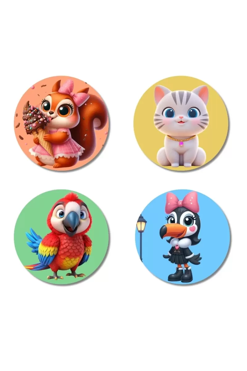 Squirrel, Cat, Parrot, And Toucan. Fridge Magnets Ã¢â‚¬â€œ 4 Piece Set | 3 Inch Round Wall Fridge Decor (F23027)