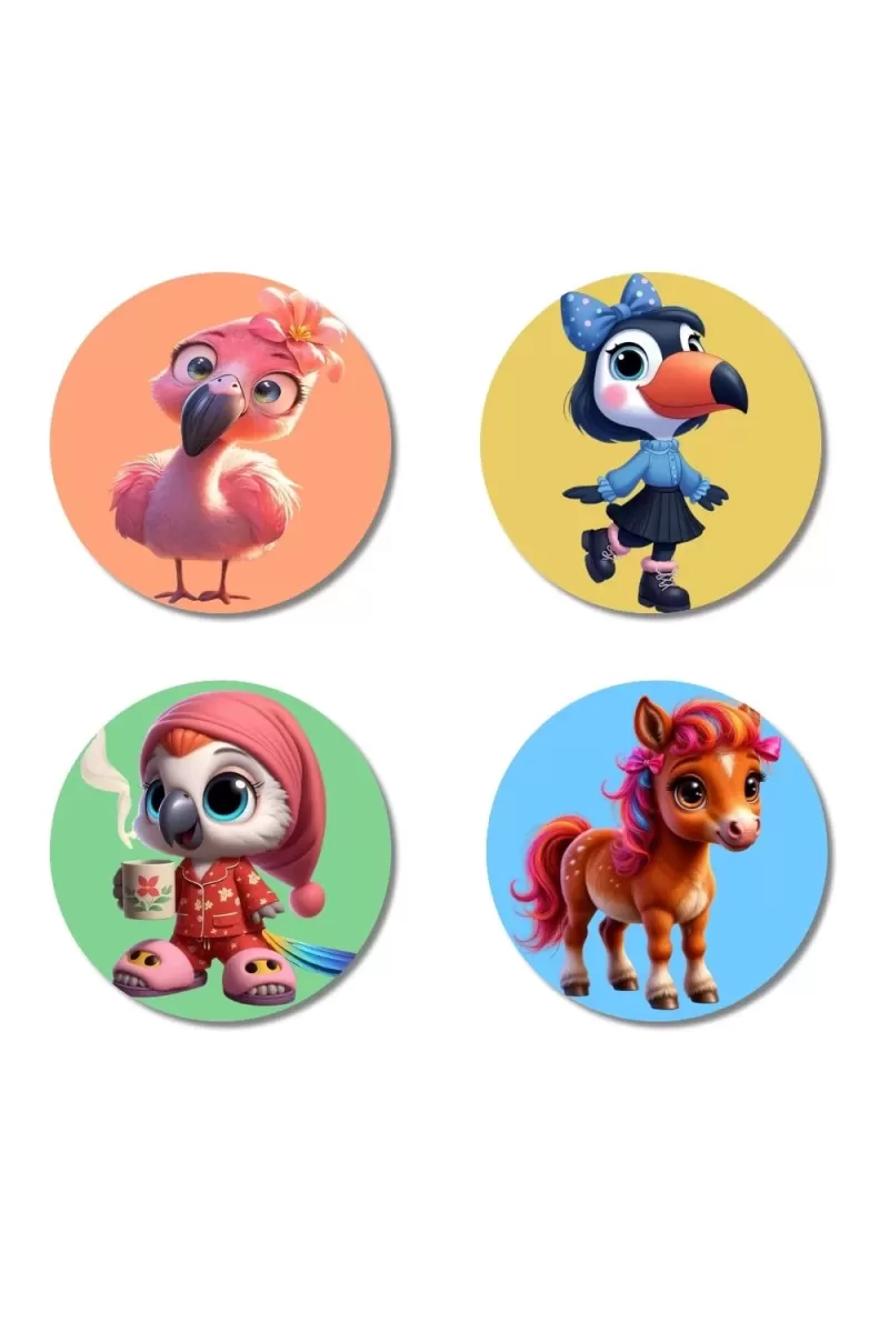 Flamingo, Toucan, Parrot, Horse Fridge Magnets Ã¢â‚¬â€œ 4 Piece Set | 3 Inch Round Wall Fridge Decor (F23028)
