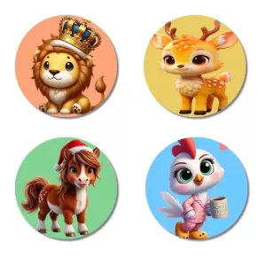 Lion, Deer, Horse, And Chicken. Fridge Magnets Ã¢â‚¬â€œ 4 Piece Set | 3 Inch Round Wall Fridge Decor (F23029)