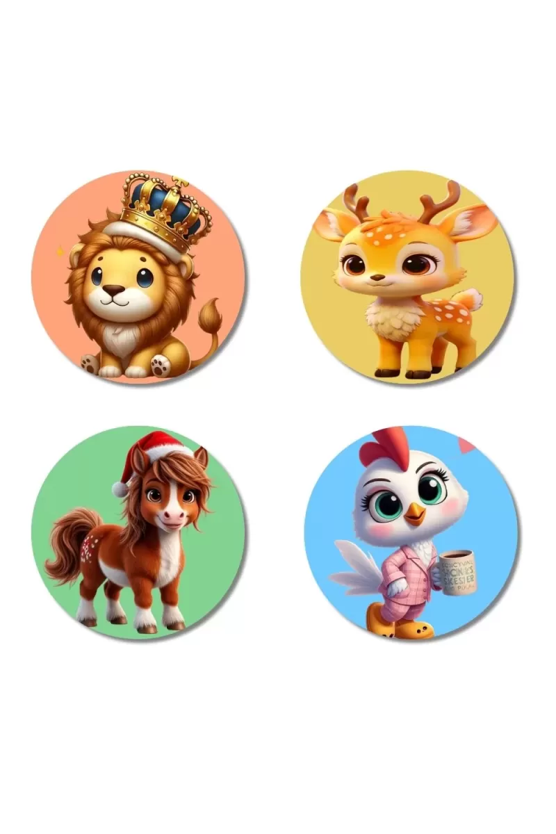 Lion, Deer, Horse, And Chicken. Fridge Magnets Ã¢â‚¬â€œ 4 Piece Set | 3 Inch Round Wall Fridge Decor (F23029)