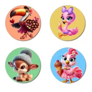 Flamingo, Toucan, Parrot, And Horse. Fridge Magnets Ã¢â‚¬â€œ 4 Piece Set | 3 Inch Round Wall Fridge Decor (F23030)