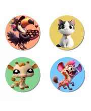 Toucan, Cat, Giraffe, And Hyena. Fridge Magnets Ã¢â‚¬â€œ 4 Piece Set | 3 Inch Round Wall Fridge Decor (F23031)