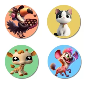 Toucan, Cat, Giraffe, And Hyena. Fridge Magnets – 4 Piece Set | 3 Inch Round Wall Fridge Decor (F23031) Toucan, Cat, Giraffe, And Hyena. Fridge Magnets – 4 Piece Set | 3 Inch Round Wall Fridge Decor (F23031)