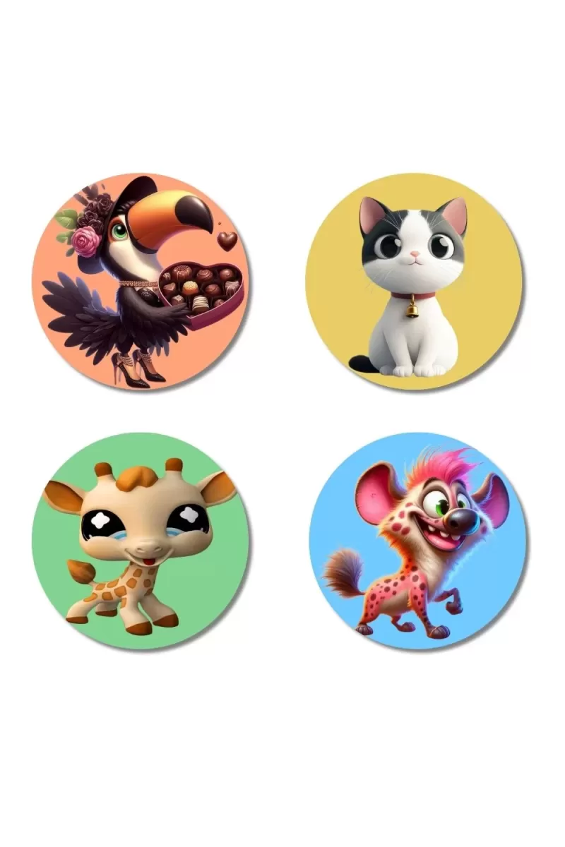 Toucan, Cat, Giraffe, And Hyena. Fridge Magnets Ã¢â‚¬â€œ 4 Piece Set | 3 Inch Round Wall Fridge Decor (F23031)