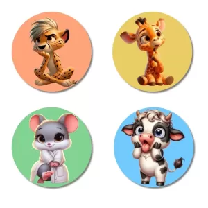 Cheetah, Giraffe, Mouse, And Cow. Fridge Magnets Ã¢â‚¬â€œ 4 Piece Set | 3 Inch Round Wall Fridge Decor (F23032)