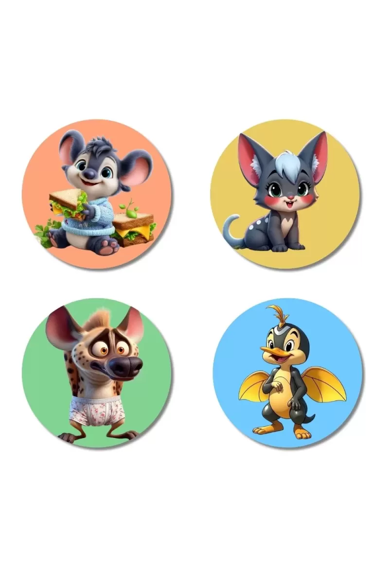 Koala, Chinchilla, Hyena, And Dragon. Fridge Magnets Ã¢â‚¬â€œ 4 Piece Set | 3 Inch Round Wall Fridge Decor (F23033)