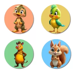 Duck, Bird, Tiger, Squirrel Fridge Magnets Ã¢â‚¬â€œ 4 Piece Set | 3 Inch Round Wall Fridge Decor (F23036)
