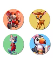 Mouse, Deer, Wolf, And Toucan. Fridge Magnets Ã¢â‚¬â€œ 4 Piece Set | 3 Inch Round Wall Fridge Decor (F23037)