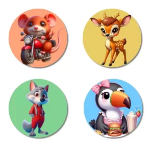 Mouse, Deer, Wolf, And Toucan. Fridge Magnets Ã¢â‚¬â€œ 4 Piece Set | 3 Inch Round Wall Fridge Decor (F23037)