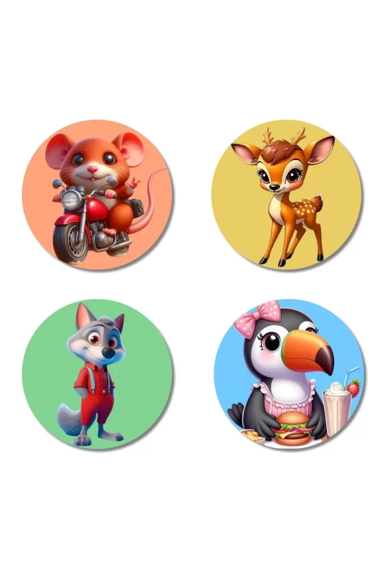Mouse, Deer, Wolf, And Toucan. Fridge Magnets Ã¢â‚¬â€œ 4 Piece Set | 3 Inch Round Wall Fridge Decor (F23037)