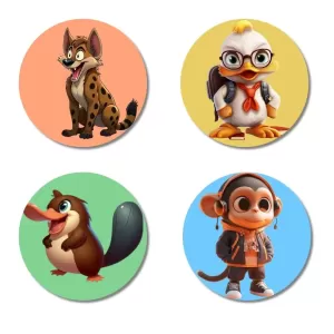 Duck, Bird, Hyena, And Squirrel. Fridge Magnets – 4 Piece Set | 3 Inch Round Wall Fridge Decor (F23038) Duck, Bird, Hyena, And Squirrel. Fridge Magnets – 4 Piece Set | 3 Inch Round Wall Fridge Decor (F23038)