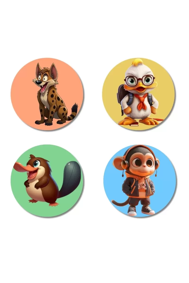 Duck, Bird, Hyena, And Squirrel. Fridge Magnets Ã¢â‚¬â€œ 4 Piece Set | 3 Inch Round Wall Fridge Decor (F23038)