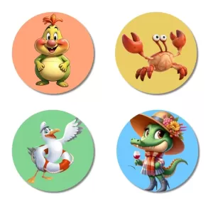Chicken, Crab, Seagull, And Crocodile. Fridge Magnets – 4 Piece Set | 3 Inch Round Wall Fridge Decor (F23040) Chicken, Crab, Seagull, And Crocodile. Fridge Magnets – 4 Piece Set | 3 Inch Round Wall Fridge Decor (F23040)
