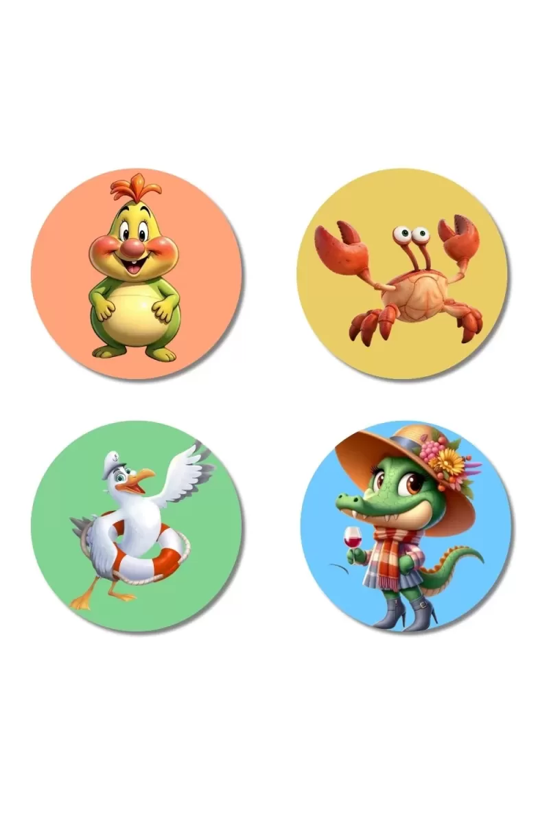 Chicken, Crab, Seagull, And Crocodile. Fridge Magnets Ã¢â‚¬â€œ 4 Piece Set | 3 Inch Round Wall Fridge Decor (F23040)