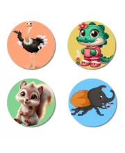 Ostrich, Crocodile, Squirrel, And Beetle. Fridge Magnets Ã¢â‚¬â€œ 4 Piece Set | 3 Inch Round Wall Fridge Decor (F23043)