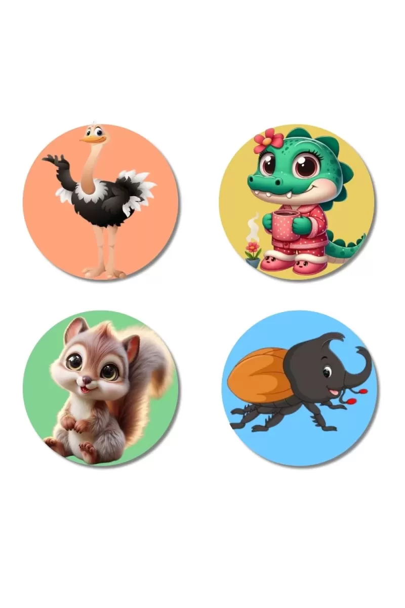 Ostrich, Crocodile, Squirrel, And Beetle. Fridge Magnets Ã¢â‚¬â€œ 4 Piece Set | 3 Inch Round Wall Fridge Decor (F23043)