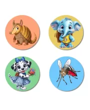 Armadillo, Elephant, Dog, And Mosquito. Fridge Magnets  4 Piece Set | 3 Inch Round Wall Fridge Decor (F23044)