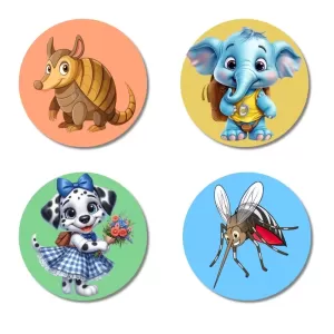Armadillo, Elephant, Dog, And Mosquito. Fridge Magnets – 4 Piece Set | 3 Inch Round Wall Fridge Decor (F23044) Armadillo, Elephant, Dog, And Mosquito. Fridge Magnets – 4 Piece Set | 3 Inch Round Wall Fridge Decor (F23044)