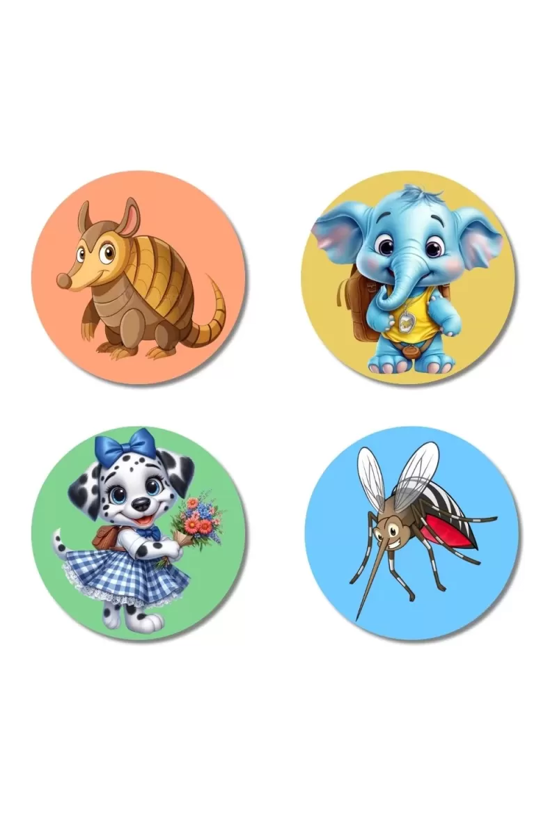 Armadillo, Elephant, Dog, And Mosquito. Fridge Magnets Ã¢â‚¬â€œ 4 Piece Set | 3 Inch Round Wall Fridge Decor (F23044)