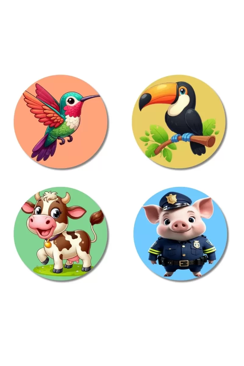 Hummingbird, Toucan, Cow, And Pig. Fridge Magnets Ã¢â‚¬â€œ 4 Piece Set | 3 Inch Round Wall Fridge Decor (F23045)