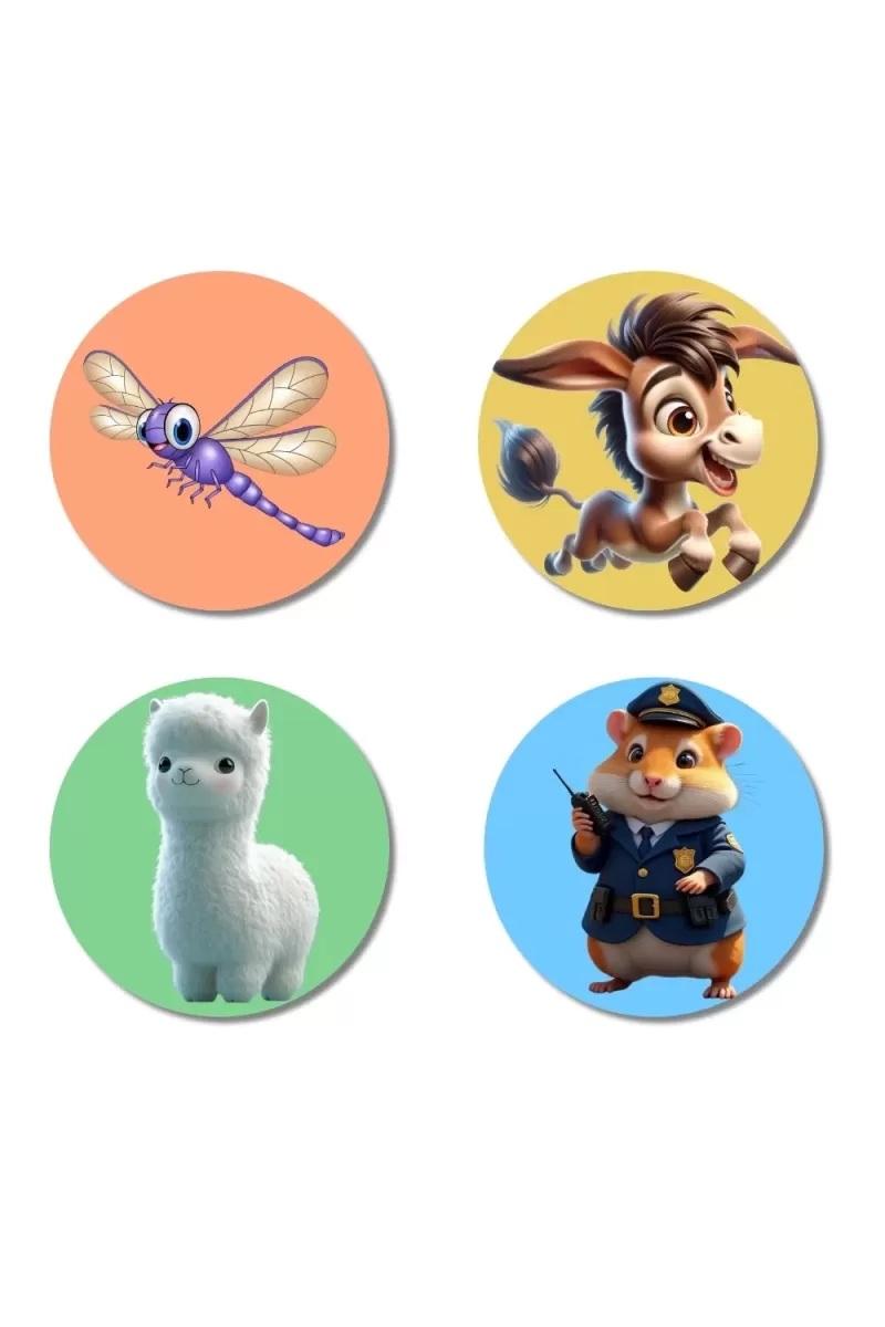 Dragonfly, Donkey, Alpaca, And Hamster. Fridge Magnets Ã¢â‚¬â€œ 4 Piece Set | 3 Inch Round Wall Fridge Decor (F23046)