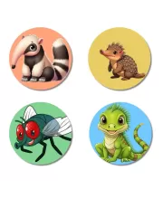 Anteater, Echidna, Fly, And Lizard. Fridge Magnets  4 Piece Set | 3 Inch Round Wall Fridge Decor (F23047)