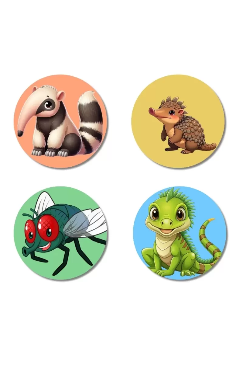 Anteater, Echidna, Fly, And Lizard. Fridge Magnets Ã¢â‚¬â€œ 4 Piece Set | 3 Inch Round Wall Fridge Decor (F23047)
