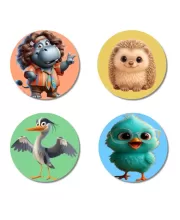 Hippo, Hedgehog, Heron, And Chick. Fridge Magnets Ã¢â‚¬â€œ 4 Piece Set | 3 Inch Round Wall Fridge Decor (F23048)