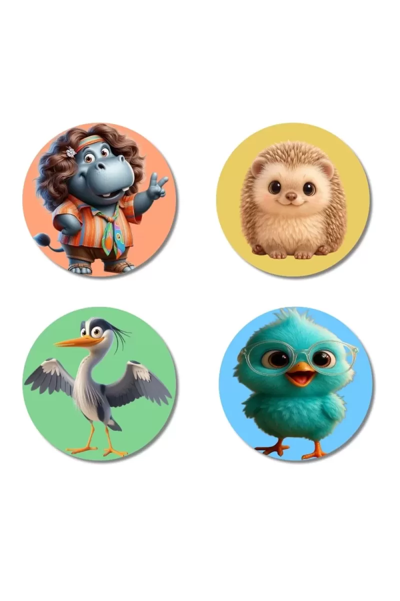 Hippo, Hedgehog, Heron, And Chick. Fridge Magnets Ã¢â‚¬â€œ 4 Piece Set | 3 Inch Round Wall Fridge Decor (F23048)