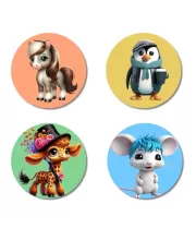Pony, Penguin, Giraffe, And Mouse. Fridge Magnets Ã¢â‚¬â€œ 4 Piece Set | 3 Inch Round Wall Fridge Decor (F23049)