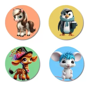 Pony, Penguin, Giraffe, And Mouse. Fridge Magnets – 4 Piece Set | 3 Inch Round Wall Fridge Decor (F23049) Pony, Penguin, Giraffe, And Mouse. Fridge Magnets – 4 Piece Set | 3 Inch Round Wall Fridge Decor (F23049)
