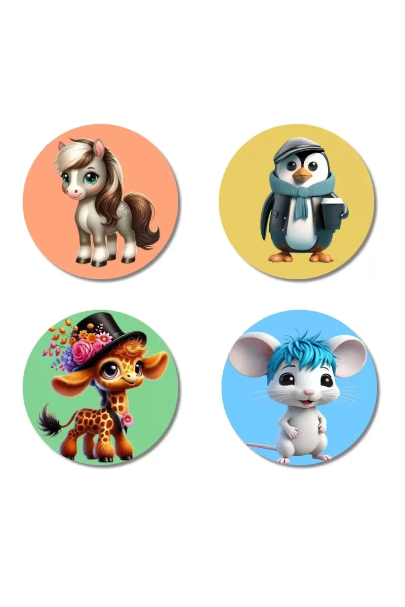 Pony, Penguin, Giraffe, And Mouse. Fridge Magnets Ã¢â‚¬â€œ 4 Piece Set | 3 Inch Round Wall Fridge Decor (F23049)