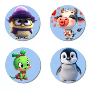 Bird, Cow, Mouse, And Penguin. Fridge Magnets – 4 Piece Set | 3 Inch Round Wall Fridge Decor (F23062) Bird, Cow, Mouse, And Penguin. Fridge Magnets – 4 Piece Set | 3 Inch Round Wall Fridge Decor (F23062)