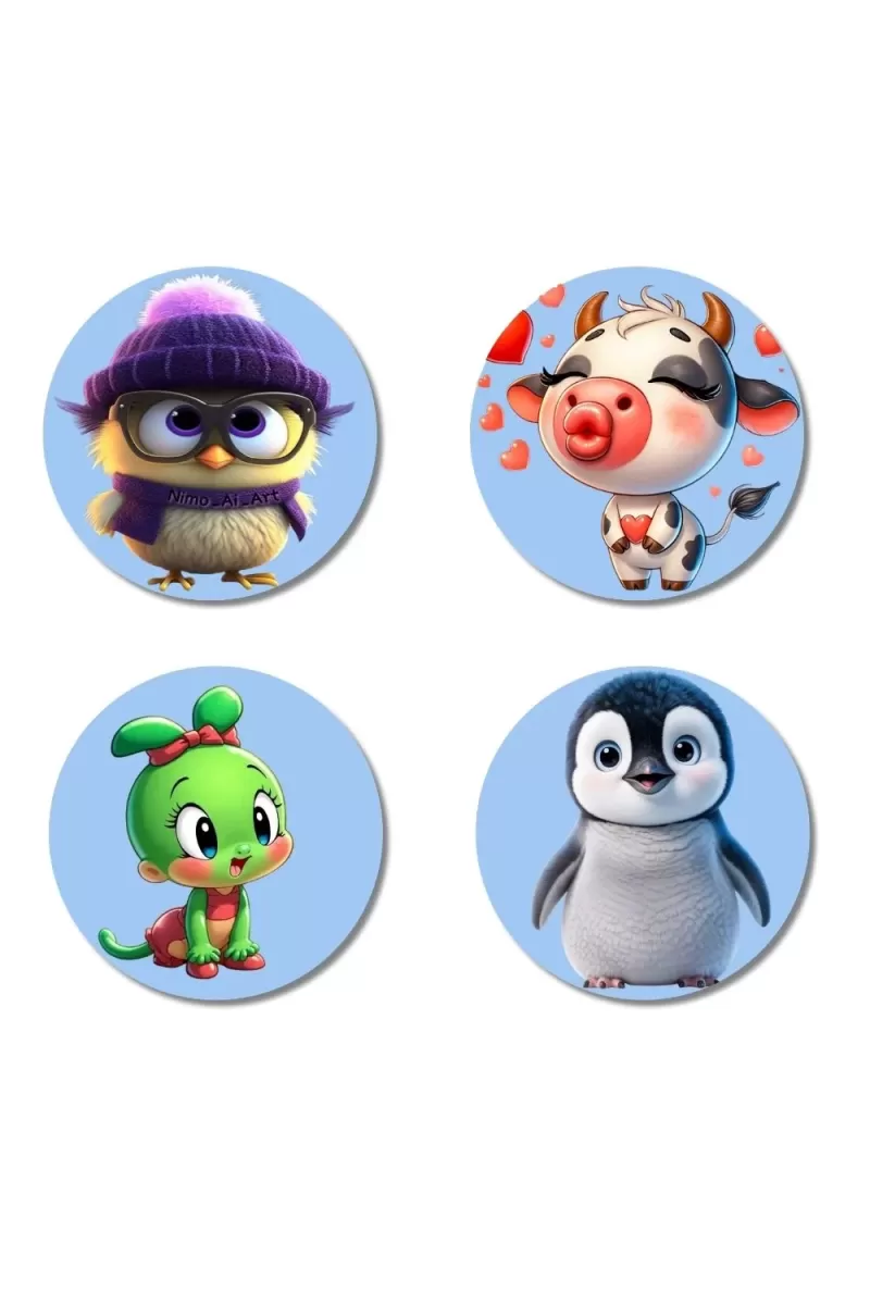 Bird, Cow, Mouse, And Penguin. Fridge Magnets Ã¢â‚¬â€œ 4 Piece Set | 3 Inch Round Wall Fridge Decor (F23062)