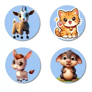 Goat, Cat, Donkey, And Mouse. Fridge Magnets – 4 Piece Set | 3 Inch Round Wall Fridge Decor (F23063) Goat, Cat, Donkey, And Mouse. Fridge Magnets – 4 Piece Set | 3 Inch Round Wall Fridge Decor (F23063)