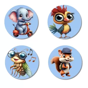 Elephant, Bird, Bee, And Squirrel. Fridge Magnets Ã¢â‚¬â€œ 4 Piece Set | 3 Inch Round Wall Fridge Decor (F23064)